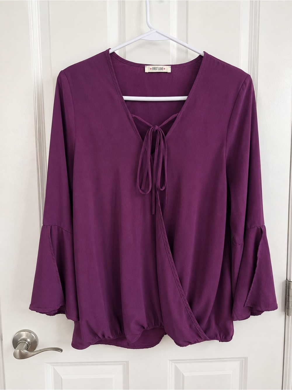 First Love Deep Purple Tie-Neck Wrap Blouse